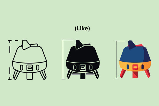A set of three stylized showing a lunar lander spacecraft in outline, solid black, and colorful flat styles, representing the evolution of a concept on a light green background