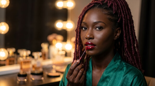 beauty skincare makeup lipstick Black woman ebony skin cosmetics routine Black model finishes glossy lips in warm dressing room with polished skin and luxury beauty atmosphere designed for beauty