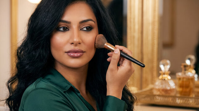 beauty skincare makeup brush Middle Eastern woman golden skin cosmetics Middle Eastern model blends makeup with round brush at elegant vanity surrounded by warm mirrors and perfume bottles designed