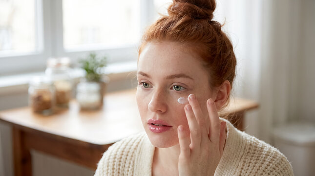 beauty skincare makeup skincare young woman smooth skin cosmetics routine freckled model checks cheek and eye area in airy bedroom with gentle skincare and sensitive skin mood designed for beauty