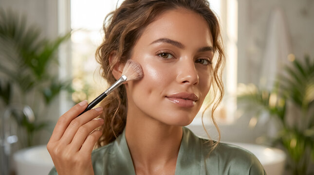 beauty skincare makeup brush young woman tan skin cosmetics routine tan skinned woman applies highlighter brush to cheek in lush bathroom with healthy summer glow designed for beauty campaigns product