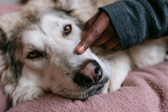 Person touching dog nose while dog rests on plush blanket