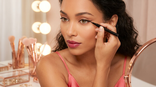 beauty skincare makeup eyeliner young woman honey skin cosmetics routine stylish woman defines eye line near round mirror and cosmetics tray for sophisticated beauty routine designed for beauty