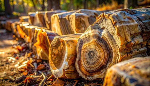 Smooth elongated pieces of petrified wood showcasing intricate fossilized growth patterns and rings