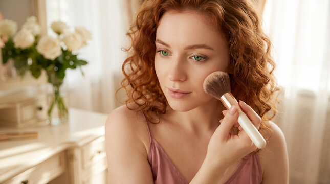 beauty skincare makeup brush young woman ivory skin cosmetics routine fair skinned red haired woman sweeps blush across cheek in soft floral room with romantic beauty mood designed for beauty