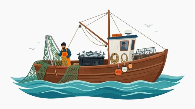 Fishing boat at sea with a fisherman hauling in nets full of fish, illustration Isolated on white background