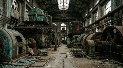 Fototapeta premium Vast Abandoned Industrial Factory Interior Showcasing Colossal Forgotten Machinery Covered in Copper Patina