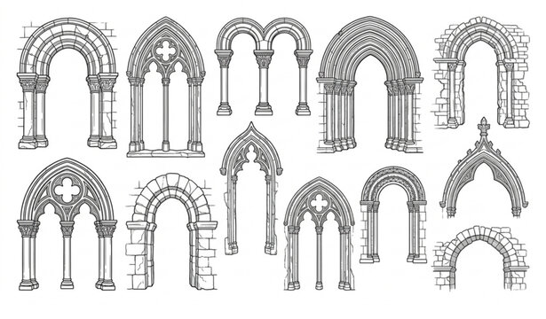 Realistic outline illustration set of medieval marble arches and ancient stone architecture