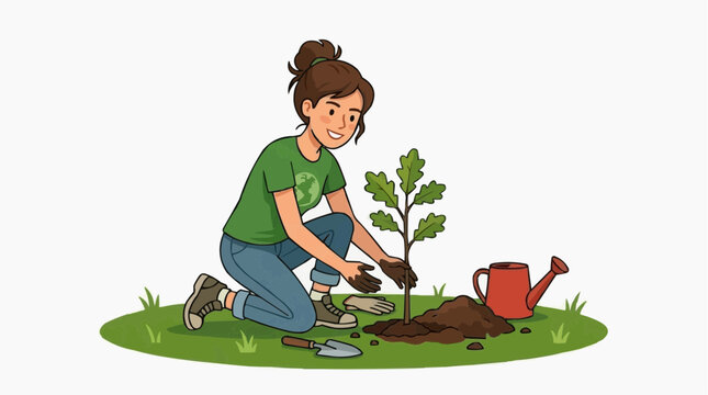 A woman planting a young oak tree in the ground, symbolizing growth and environmental care. She wears a green t-shirt and blue jeans, kneeling with gardening gloves on. Isolated on white background