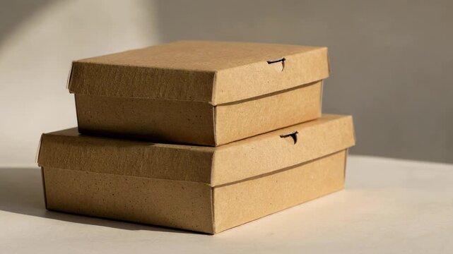Medium shot featuring plain kraft pastry boxes stacked focusing on minimalist and sustainable packaging for fresh bakery goods