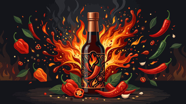 Fiery Chili Sauce Explosion: A bottle of hot sauce sits amidst a vibrant explosion of flames, chili peppers, and spices, symbolizing intense flavor and heat.