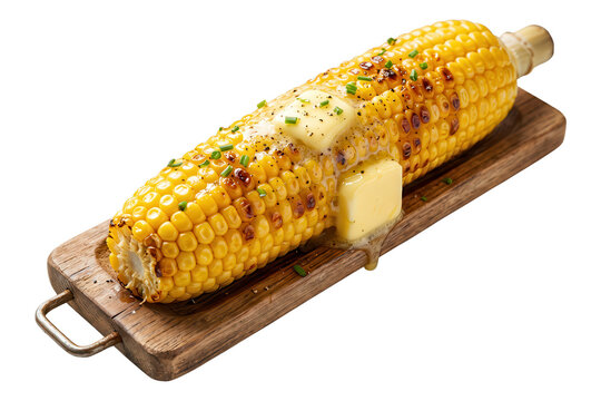 Grilled corn on the cob with melting butter and chives isolated on transparent background
