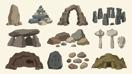 An illustration collection of various ancient prehistoric stone structures and artifacts on display © Andreas