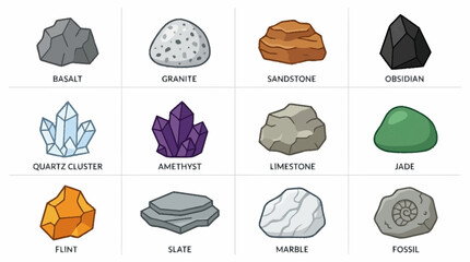 Vector icons of various rock types in a collection for educational purposes on a white background Rock_collection_vector_set_icons_202606042323_2 © Andreas