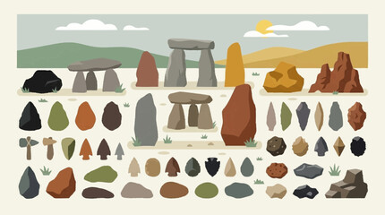 Prehistoric stone collection vector illustration features various stones and ancient monuments. © Andreas