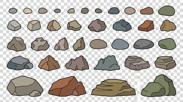 Collection of various natural stone asset illustrations in different shapes and colors