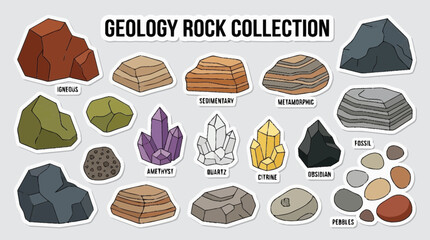 Vector illustration of a geology rock collection with various stones and minerals. © Andreas