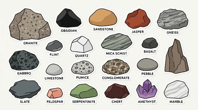 Illustration of various rocks and minerals on display in a geology collection