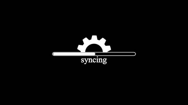 White progress bar loading animation video with rotating gear wheel for cloud data syncing and backup processing isolated on black background
