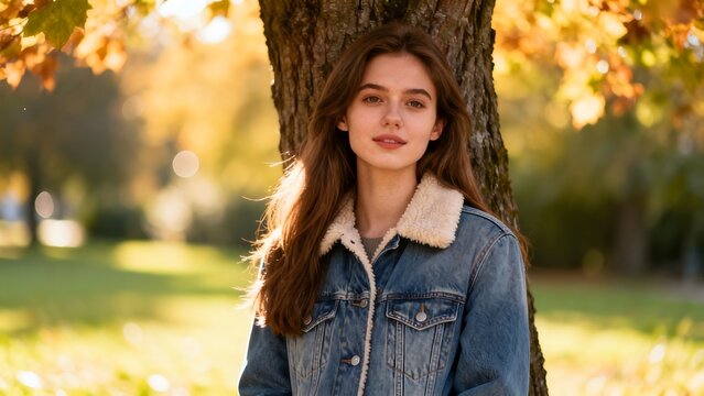 Young woman in denim jacket by tree