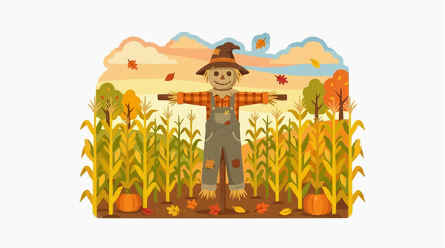 A friendly scarecrow stands guard in a vibrant cornfield under a cloudy autumn sky.
 Isolated on white background