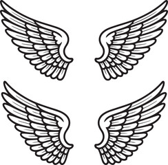 Obraz premium Four detailed black and white wing featuring feather patterns and curved shapes isolated on a white background, for use