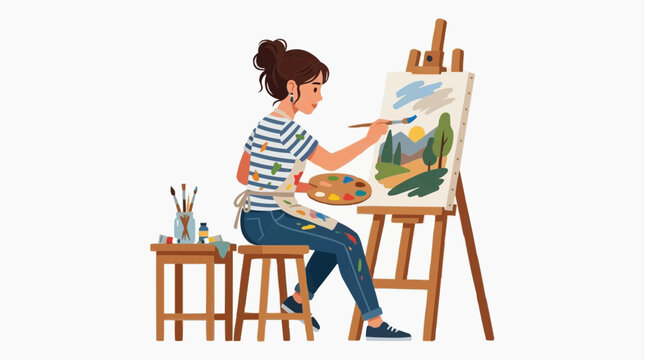 An artist painting a landscape on canvas with oil colors in a studio Isolated on white background
