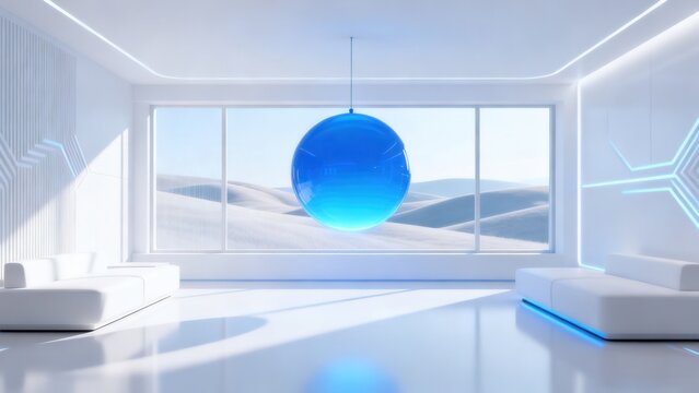Futuristic room with blue sphere and desert view