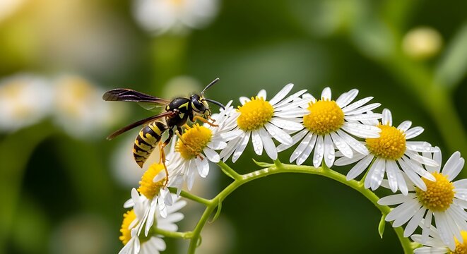 A yellow jacket wasp perched on a cluster of white daisy flowers