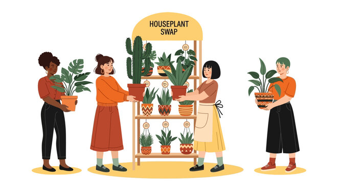 People swapping houseplants, plant exchange, gardening community concept