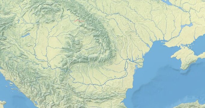 Romania on Globe. Zoom into the country with Earth spinning on dark background. Physical world map with Romania and label on it. Country view animation.