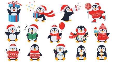 Cute penguins in winter clothes and hats, Christmas stickers set, holiday concept © Chrome