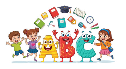 Fototapeta premium Colorful cartoon alphabet characters with school supplies, education concept, kids background