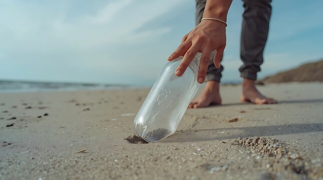 Person burying plastic bottle on beach.