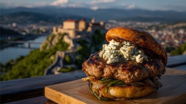 Grilled pljeskavica with onions and kajmak near Kalemegdan