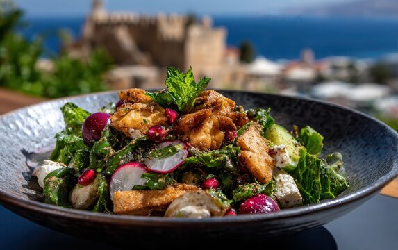 Fattoush salad with Byblos Castle and Mediterranean sea view