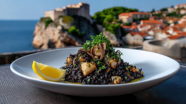 Black squid ink risotto with cuttlefish in Dubrovnik