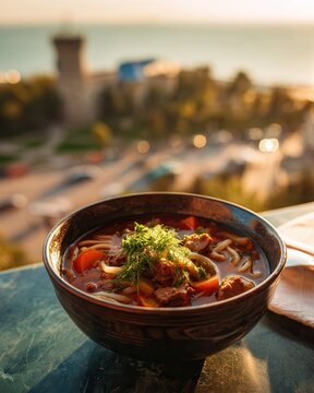 Lagman soup served with a view of Crimean landmarks