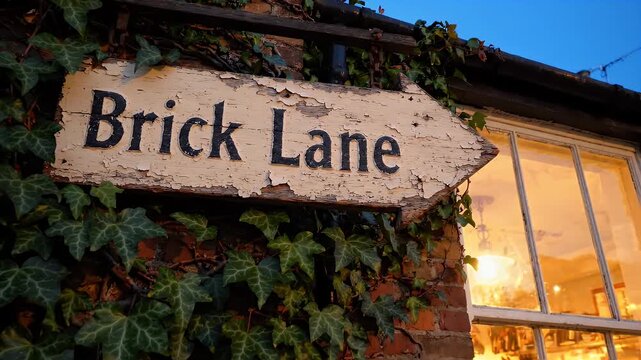 Vintage Brick Lane Directional Sign on Ivy Covered Building - A weathered, wooden arrow sign pointing to "Brick Lane" is attached to a red brick building wall adorned with lush green ivy.