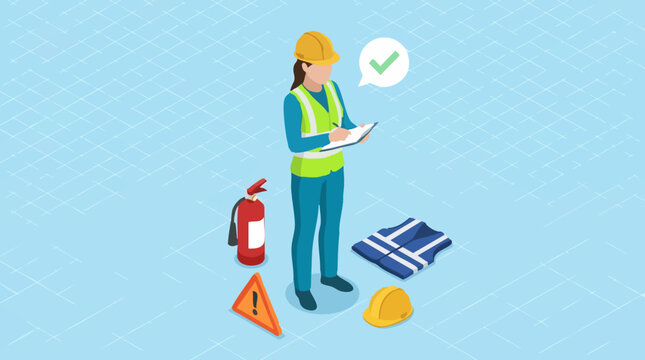 Workplace Safety Inspection with PPE and Fire Extinguisher Isometric