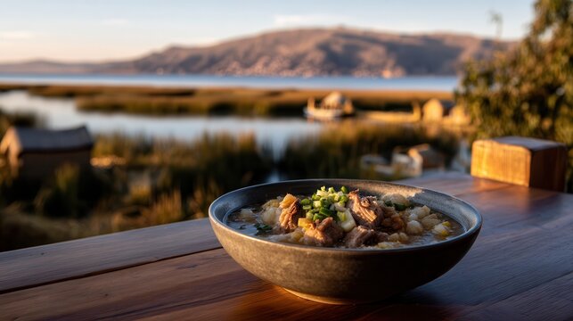 Warm chairo soup served with lake view at Uros Islands