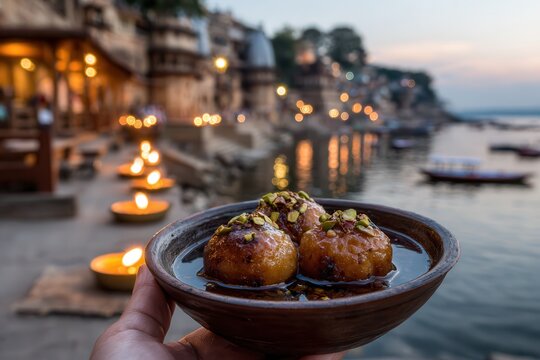 Gulab jamun served at Ganges river during evening aarti
