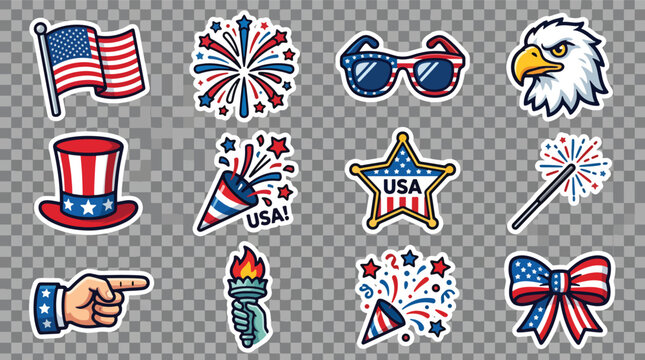 Set of flat patriotic sticker icons featuring american symbols for fourth of july celebration design.