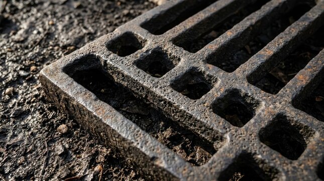 Close-up view of a rusty cast iron drain grate on a dirt surface