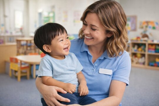 Happy child with caring teacher.
