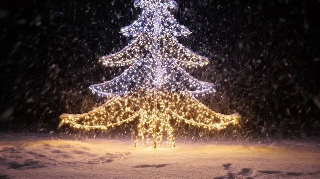 Glowing Abstract Pine Tree Lights in Winter Snowfall - An abstract pine tree shape illuminated by glowing white and gold lights stands amidst a heavy winter snowfall.