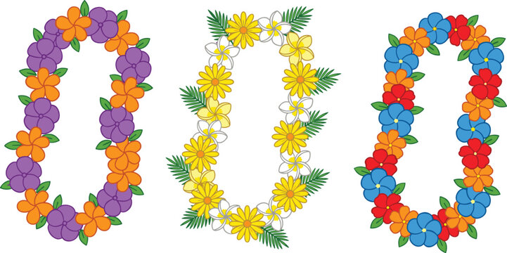 Hawaiian lei illustration with colorful tropical flowers, vibrant island garlands, cultural celebration elements, and festive vector design concepts