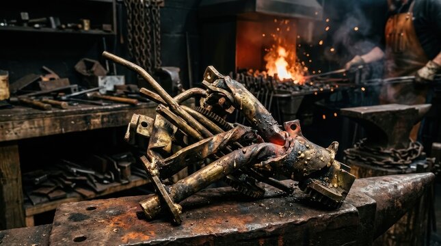 Intricate Metal Sculpture Forged in a Fiery Industrial Workshop