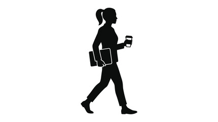 Obraz premium Woman Walking With Coffee And Folder Silhouette On White Background