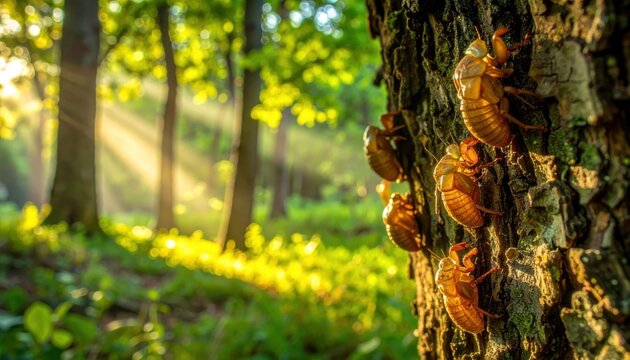 Cicada Exoskeletons Cling to Tree Bark in Sunlit Forest During Emergence